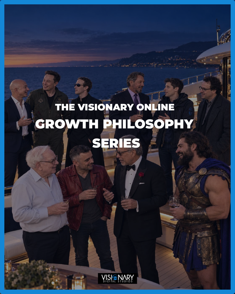 The Visionary Online Growth Philosophy Series cover, featuring an imagined gathering of business leaders on a yacht.